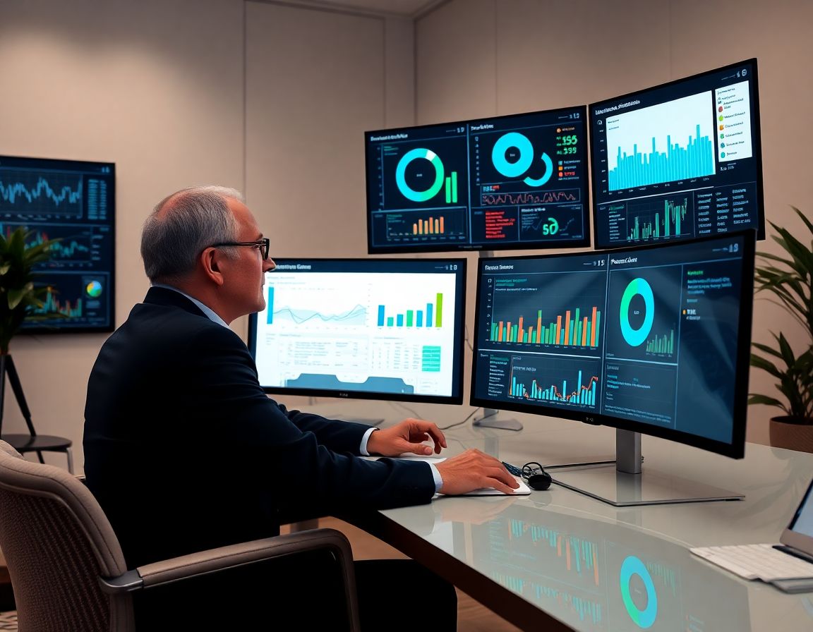 CFO moderno analizando dashboards interactivos en una oficina elegante y minimalista