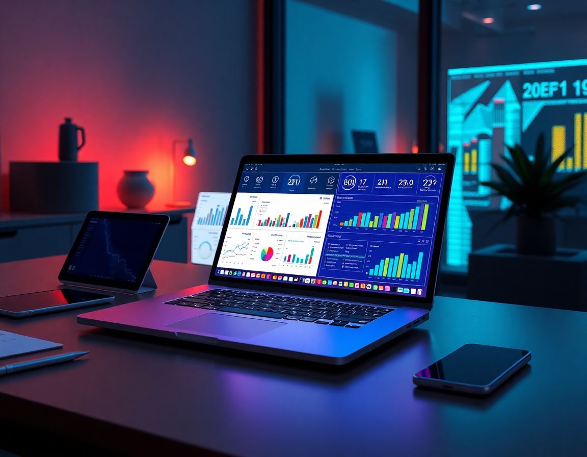 Espacio de trabajo moderno con laptop mostrando dashboards de Power BI y un ambiente futurista