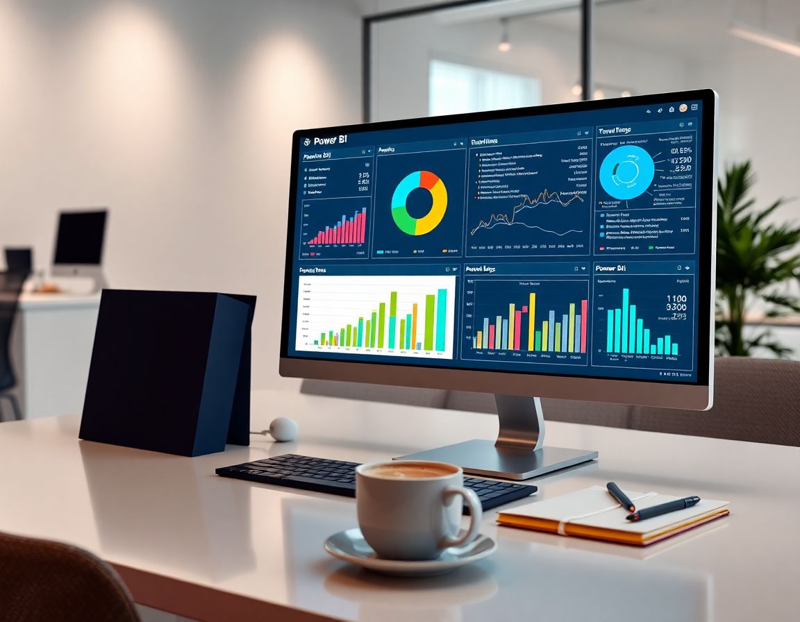 Espacio de trabajo moderno con ordenador mostrando dashboards de Power BI en un ambiente limpio y profesional