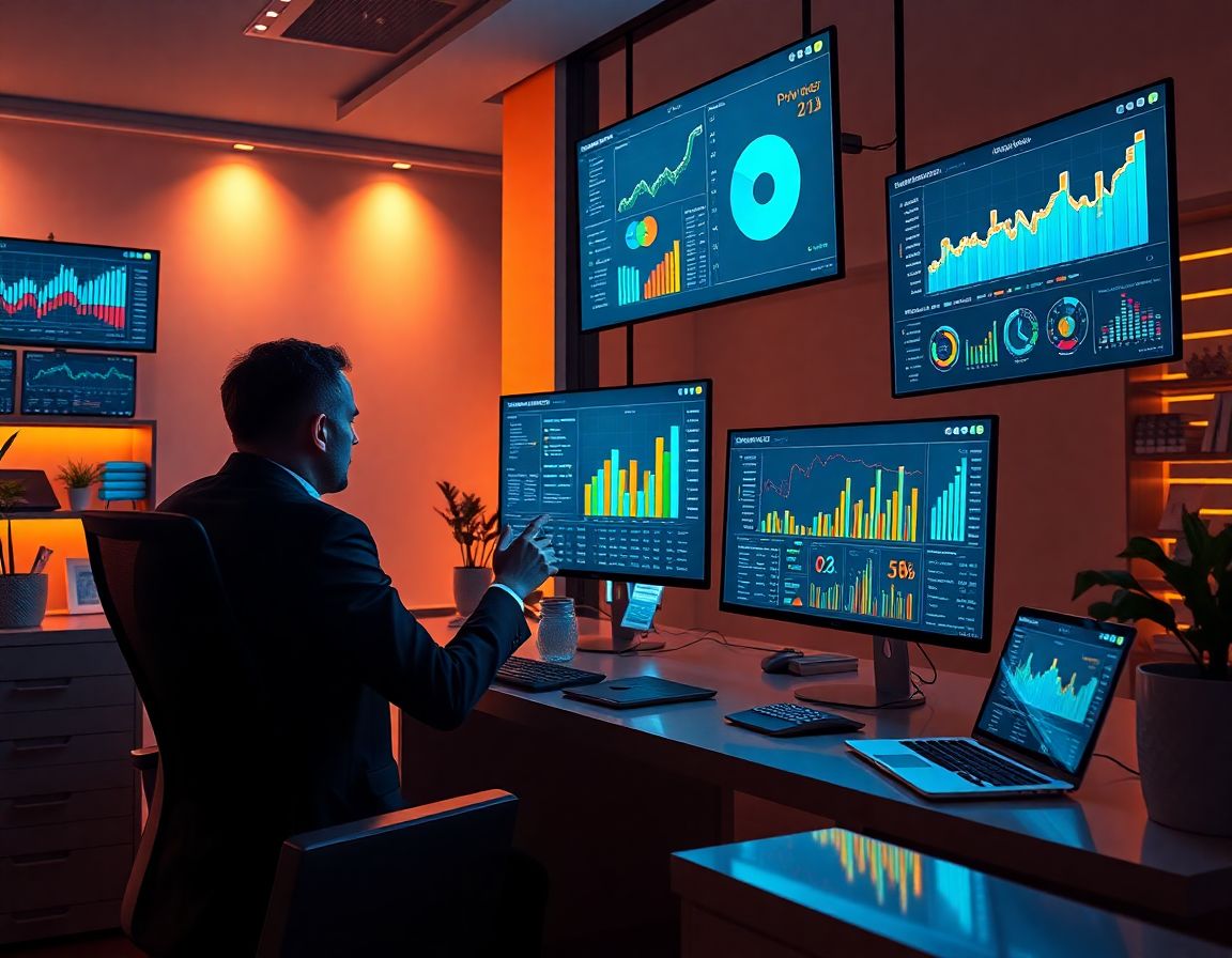 Espacio de trabajo moderno con pantallas interactivas de Power BI y visualizaciones de datos vibrantes