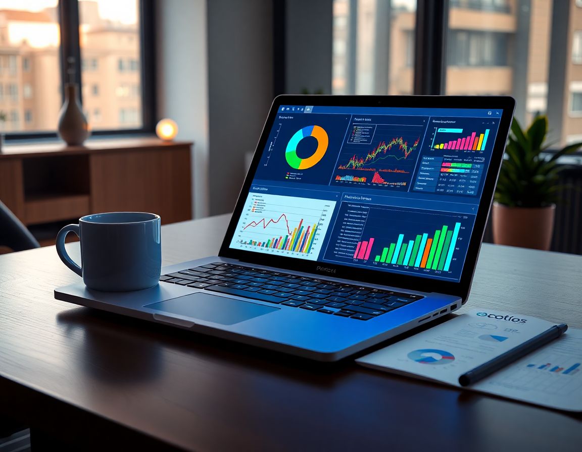 Espacio de trabajo moderno con un portátil mostrando coloridos dashboards de Power BI y elementos de análisis de datos