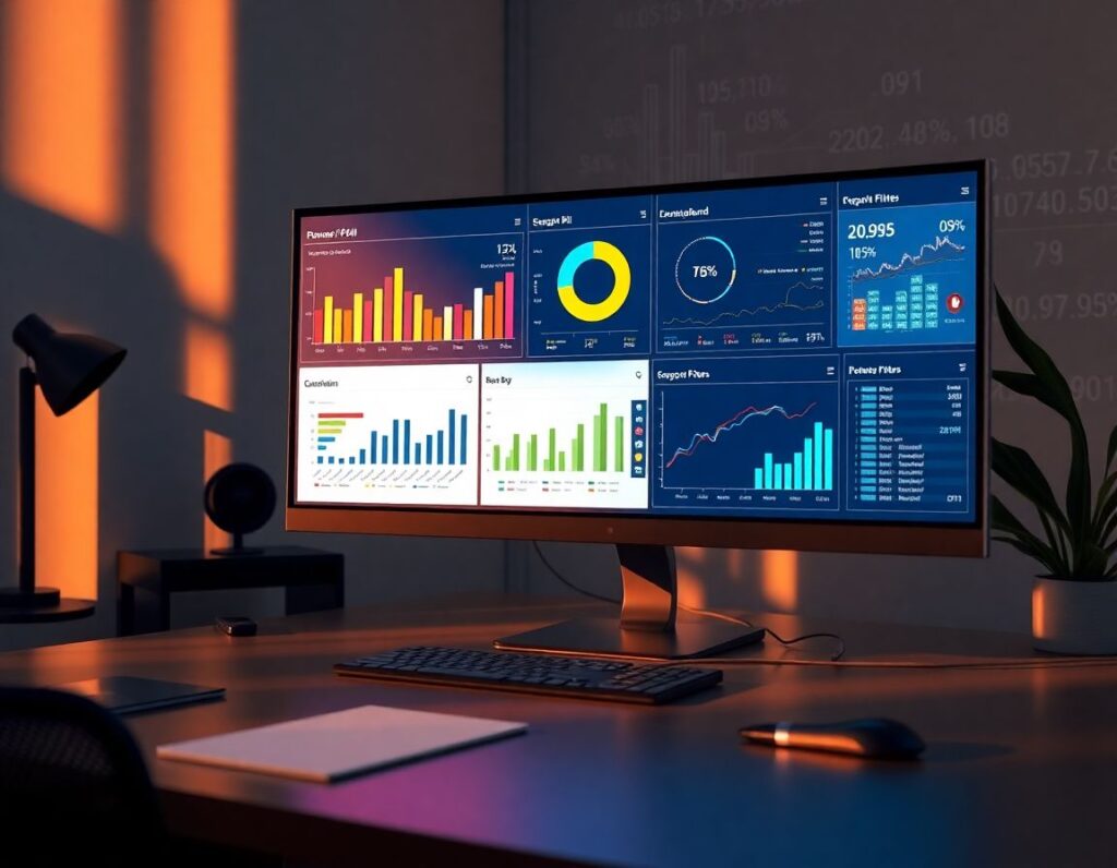 Espacio de trabajo moderno y profesional con un gran monitor mostrando paneles de Power BI vibrantes y organizados