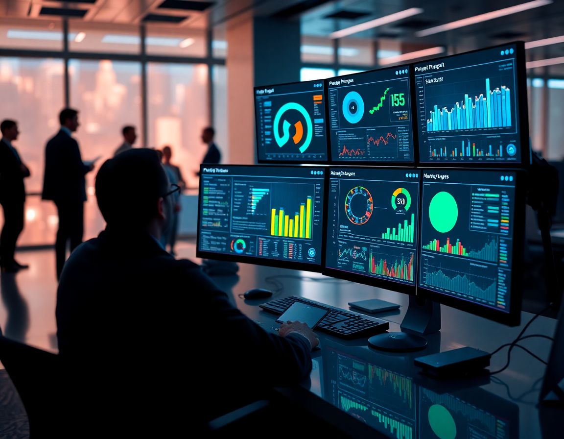 Oficina futurista con estaciones de trabajo techadas y dashboards de Power BI llenos de gráficos interactivos y un analista trabajando con datos en un ambiente colaborativo.