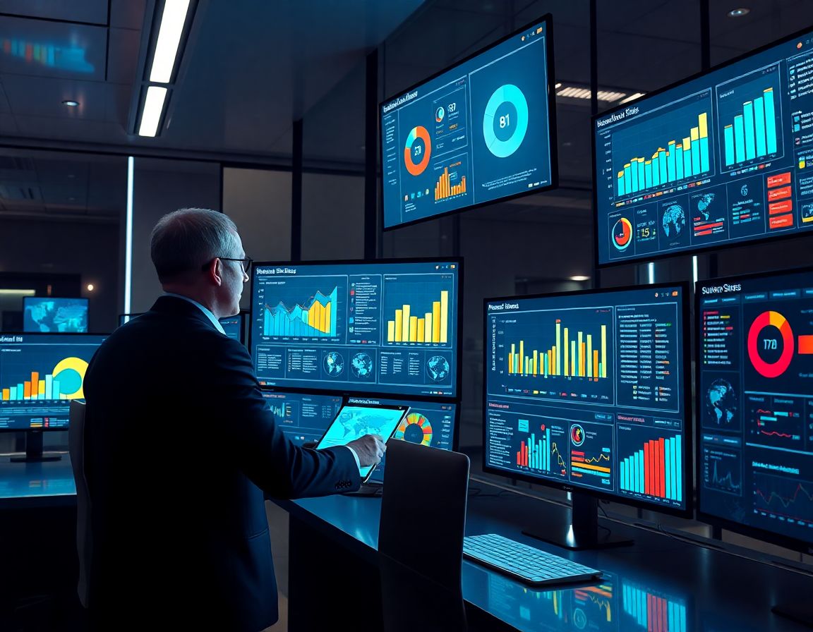 Oficina moderna con pantallas brillantes mostrando dashboards de Power BI y un profesional analizando datos en un entorno innovador y eficiente