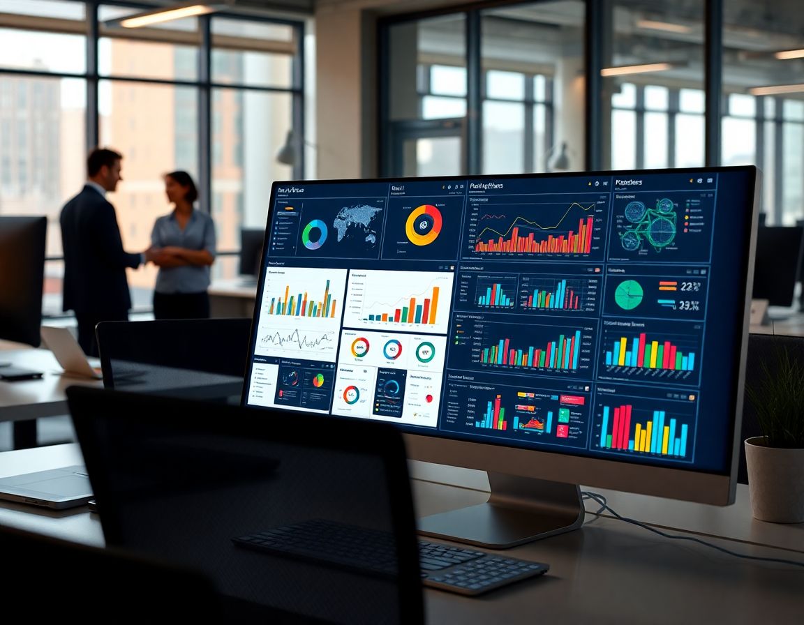 Oficina moderna con pantallas interactivas de Power BI y un equipo discutiendo datos en un ambiente profesional y luminoso