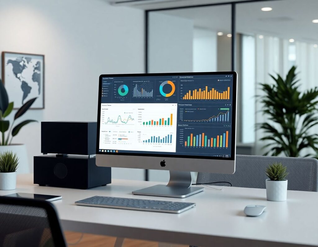 espacio de trabajo moderno con pantalla de Power BI mostrando dashboards y visualizaciones de datos