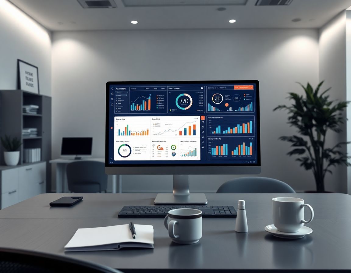 espacio de trabajo moderno con pantalla de Power BI y decorado minimalista