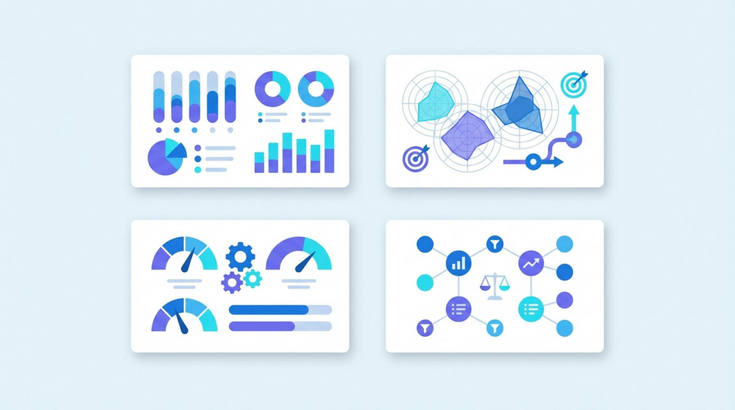 Cuatro visualizaciones de datos con gráficos, indicadores y nodos interconectados - Análisis y reporting BI avanzado