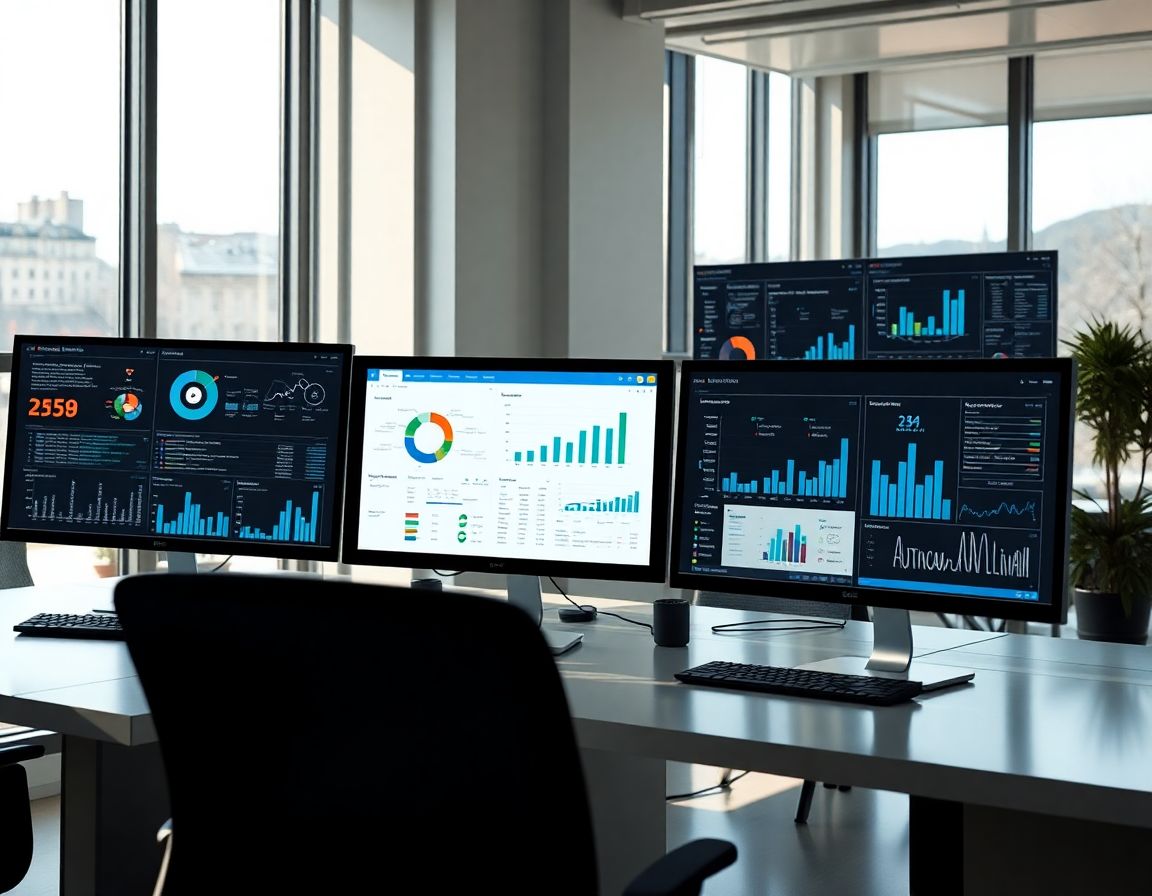 oficina moderna con pantallas de Power BI mostrando dashboards elegantes y gráficos en un ambiente iluminado y minimalista