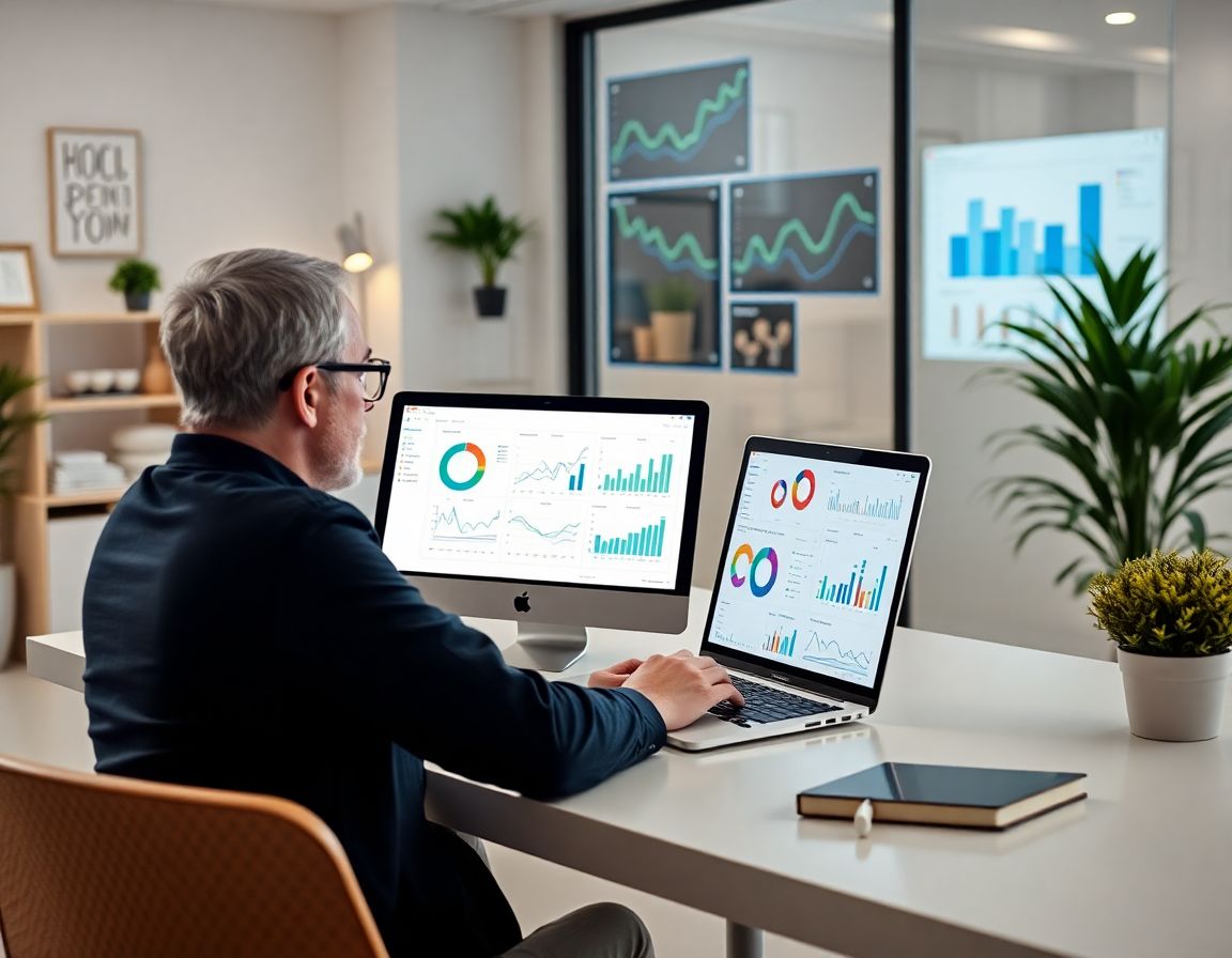 Dueño de pequeño negocio trabajando en su portátil con paneles de Power BI en un espacio luminoso y organizado.