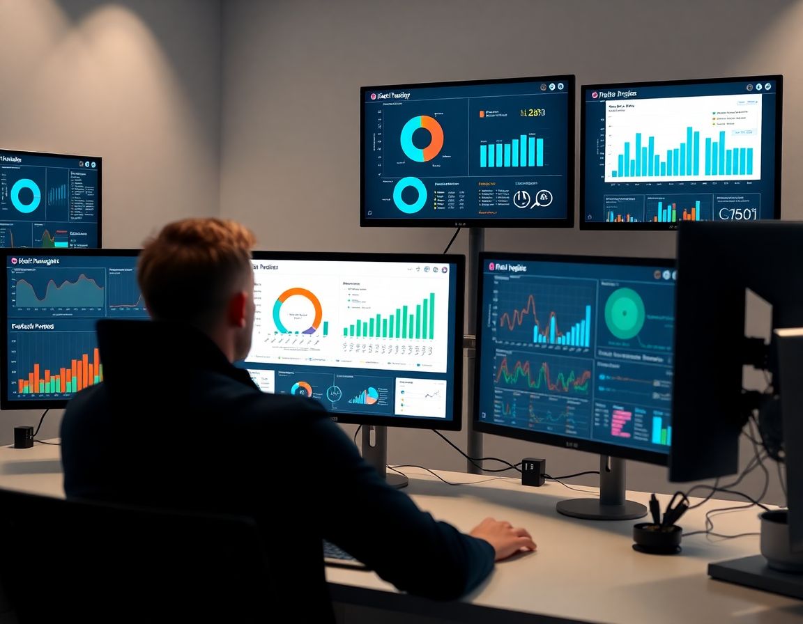 Espacio de trabajo moderno con pantallas mostrando análisis de datos para gestión de proyectos
