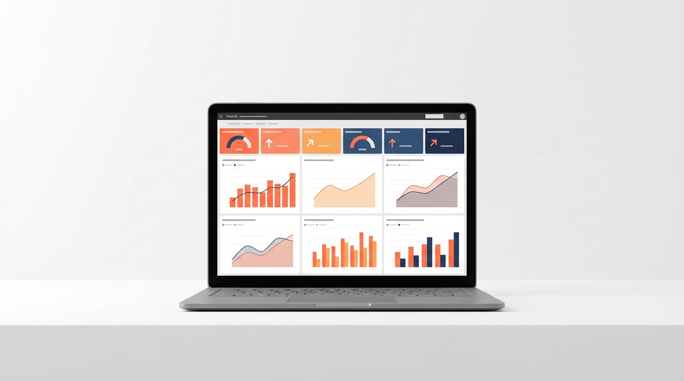 Portátil mostrando dashboard con gráficos y KPIs - Análisis de datos y monitorización de rendimiento