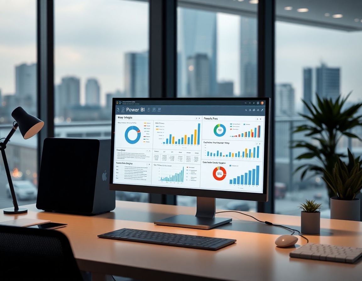 Espacio de trabajo moderno con pantalla de ordenador mostrando un dashboard interactivo de Power BI en un entorno profesional y minimalista