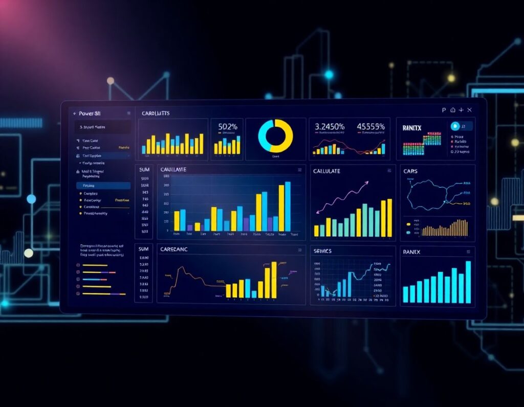 Vista moderna de un panel de Power BI con análisis de datos y visualización de gráficos interactivos