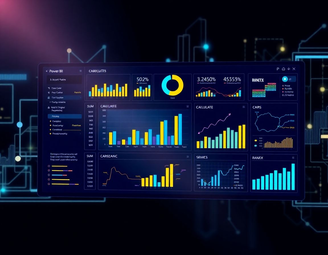 Vista moderna de un panel de Power BI con análisis de datos y visualización de gráficos interactivos