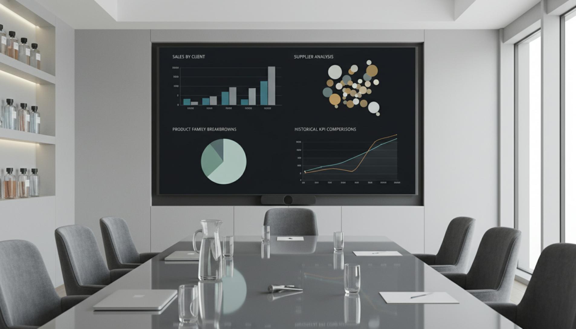 Pantalla mostrando dashboards de ventas y análisis de proveedores en sala de reuniones - KPIs automatizados en distribución mayorista