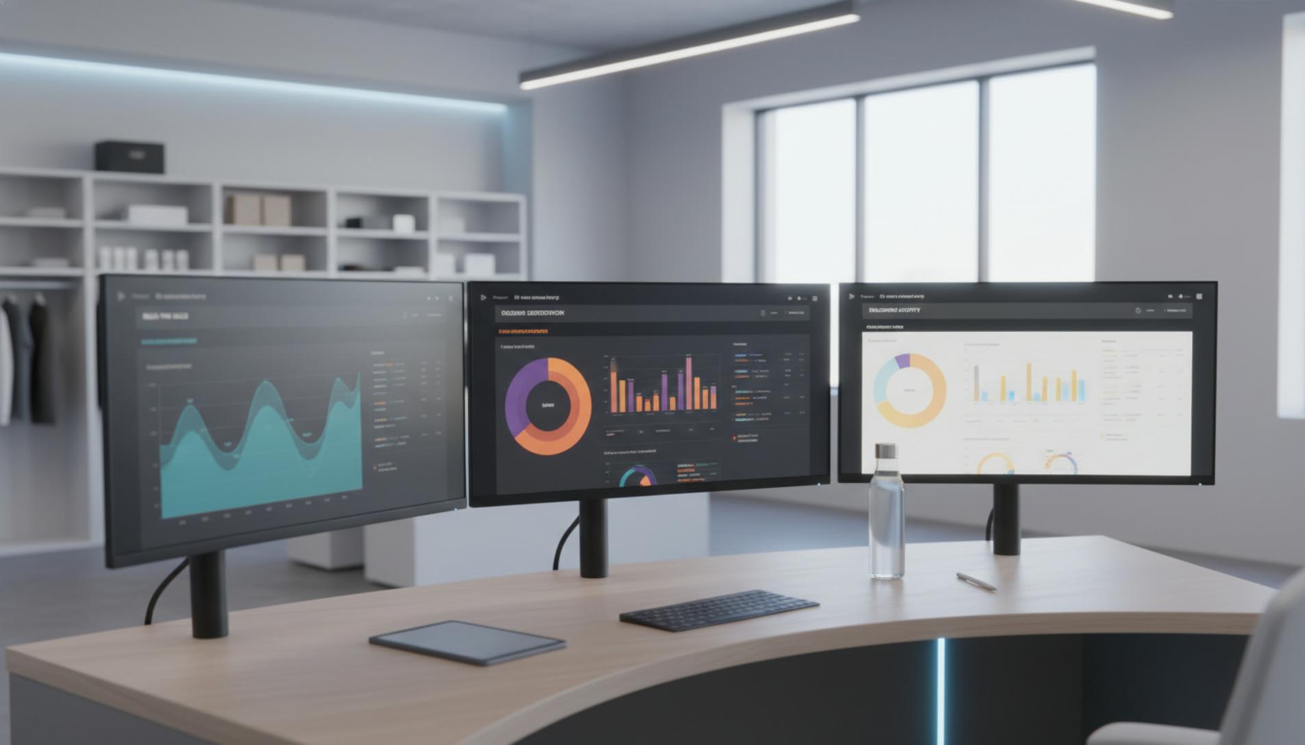 Puesto de trabajo con tres monitores mostrando dashboards de análisis retail - Optimización de operaciones y KPIs comerciales
