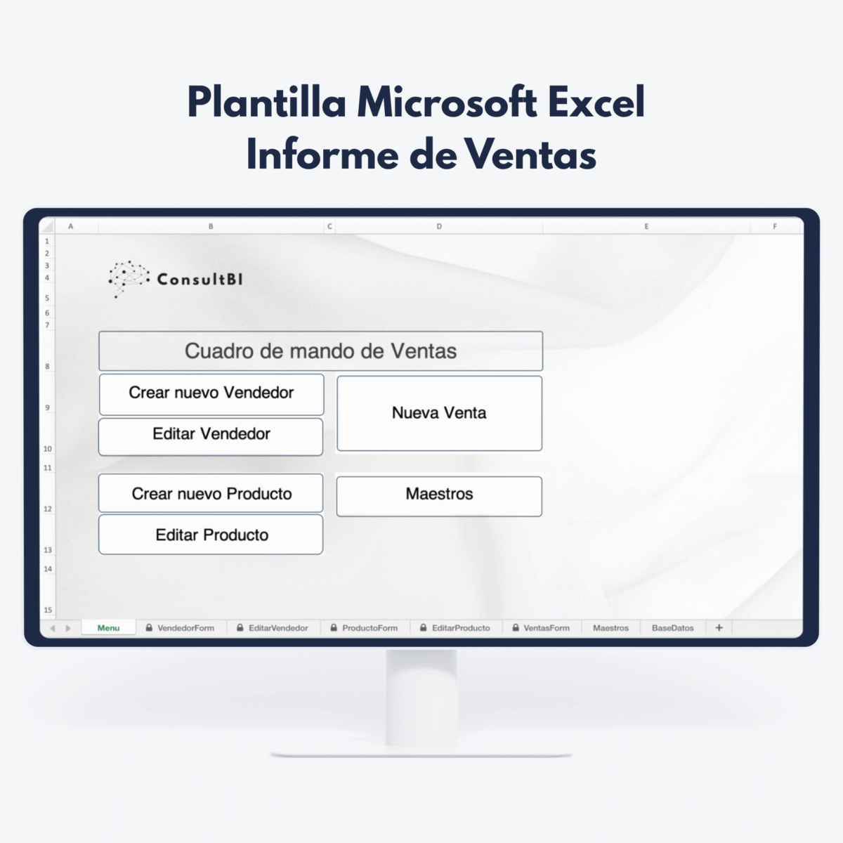 Pantalla con plantilla Excel de informe de ventas y opciones de gestión - Reporting y análisis comercial