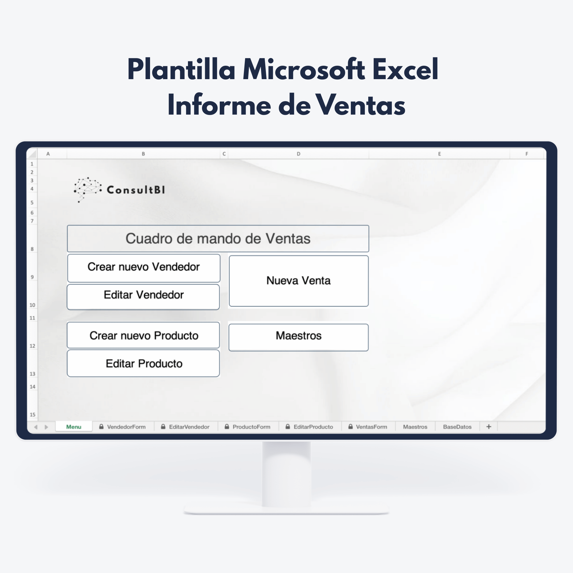 Pantalla con plantilla Excel de informe de ventas y opciones de gestión - Reporting y análisis comercial