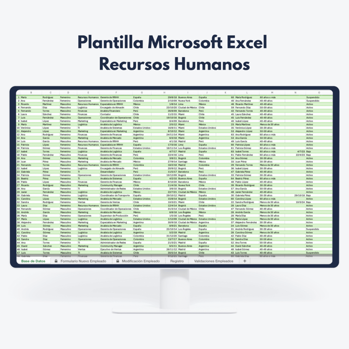 Excel Avanzado Español 1 Hoja de cálculo Excel de Recursos Humanos con datos de empleados - Preparación para análisis de datos y reporting BI.