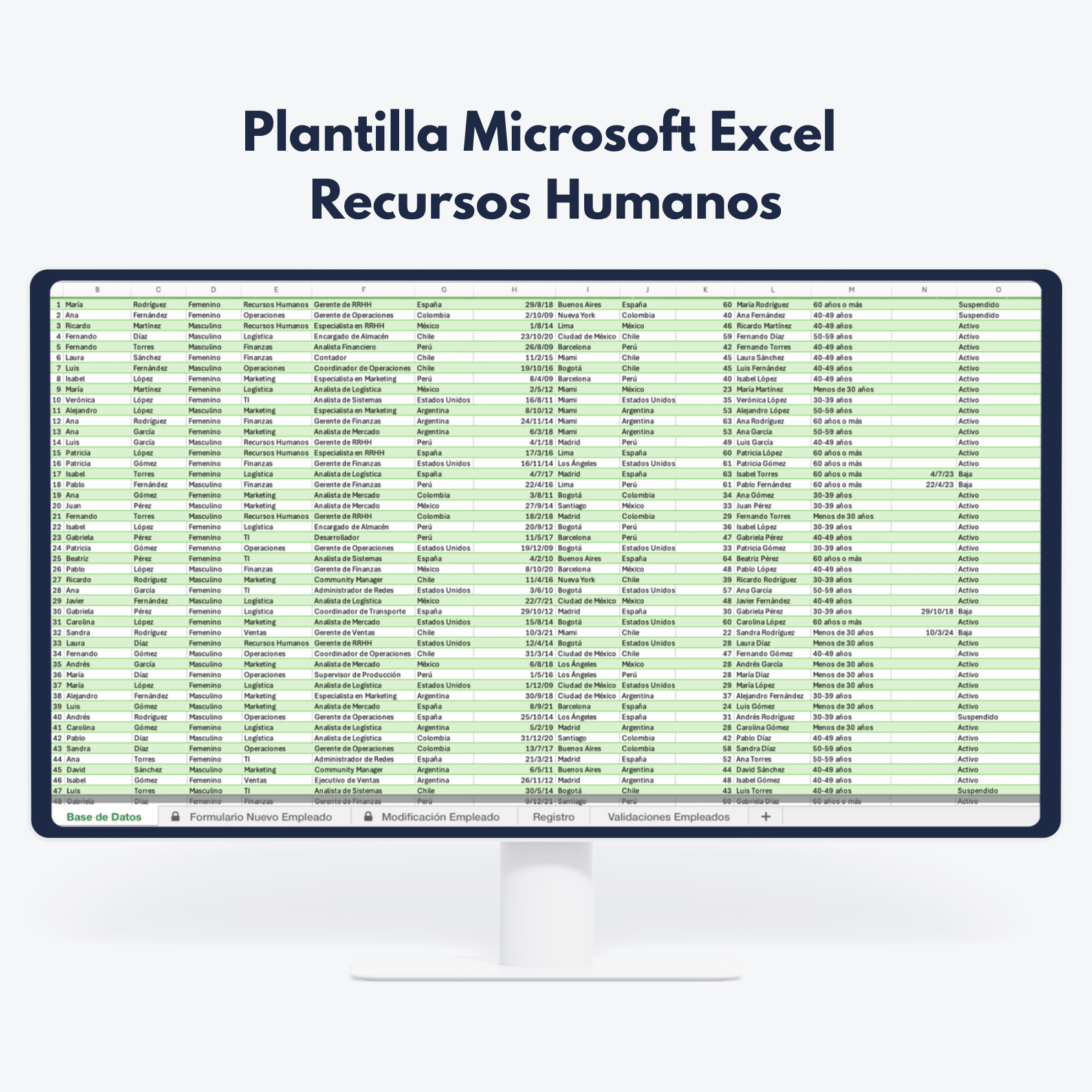 Excel Avanzado Español 1 Hoja de cálculo Excel de Recursos Humanos con datos de empleados - Preparación para análisis de datos y reporting BI.