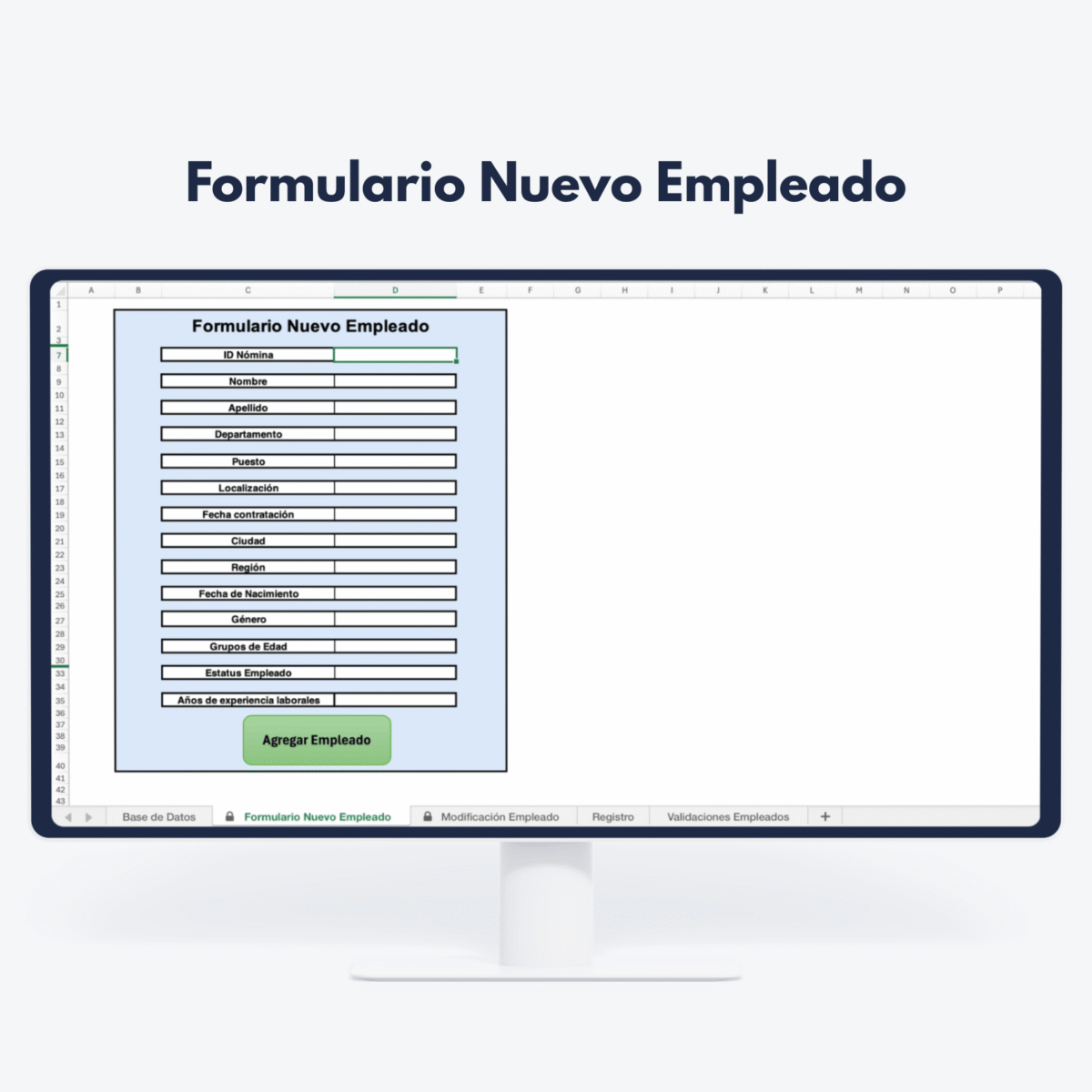 Excel Avanzado Español 2 Pantalla de ordenador mostrando formulario de nuevo empleado - Gestión y análisis de datos de recursos humanos.