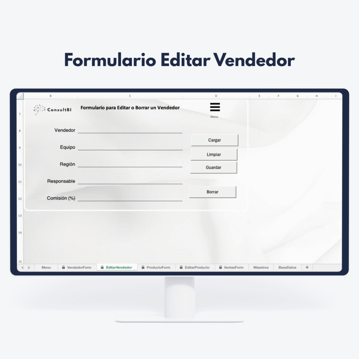 Pantalla con formulario de edición de vendedores en aplicación de ventas - Gestión y análisis de datos comerciales