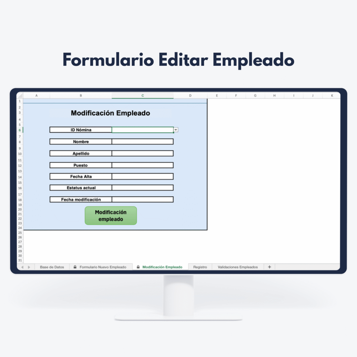 Excel Avanzado Español 3 Pantalla mostrando formulario de edición de empleado - Gestión de datos de personal y RRHH