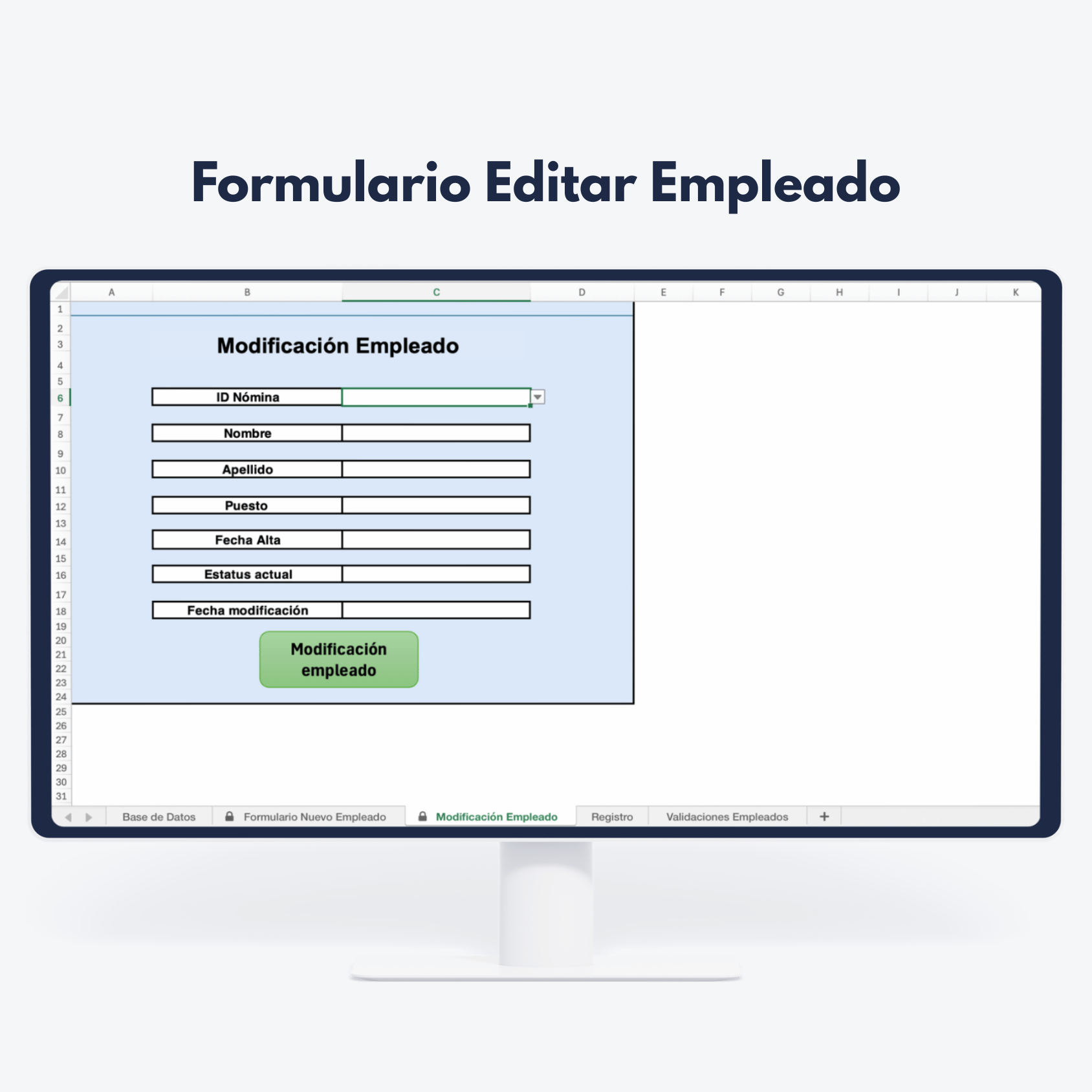 Excel Avanzado Español 3 Pantalla mostrando formulario de edición de empleado - Gestión de datos de personal y RRHH