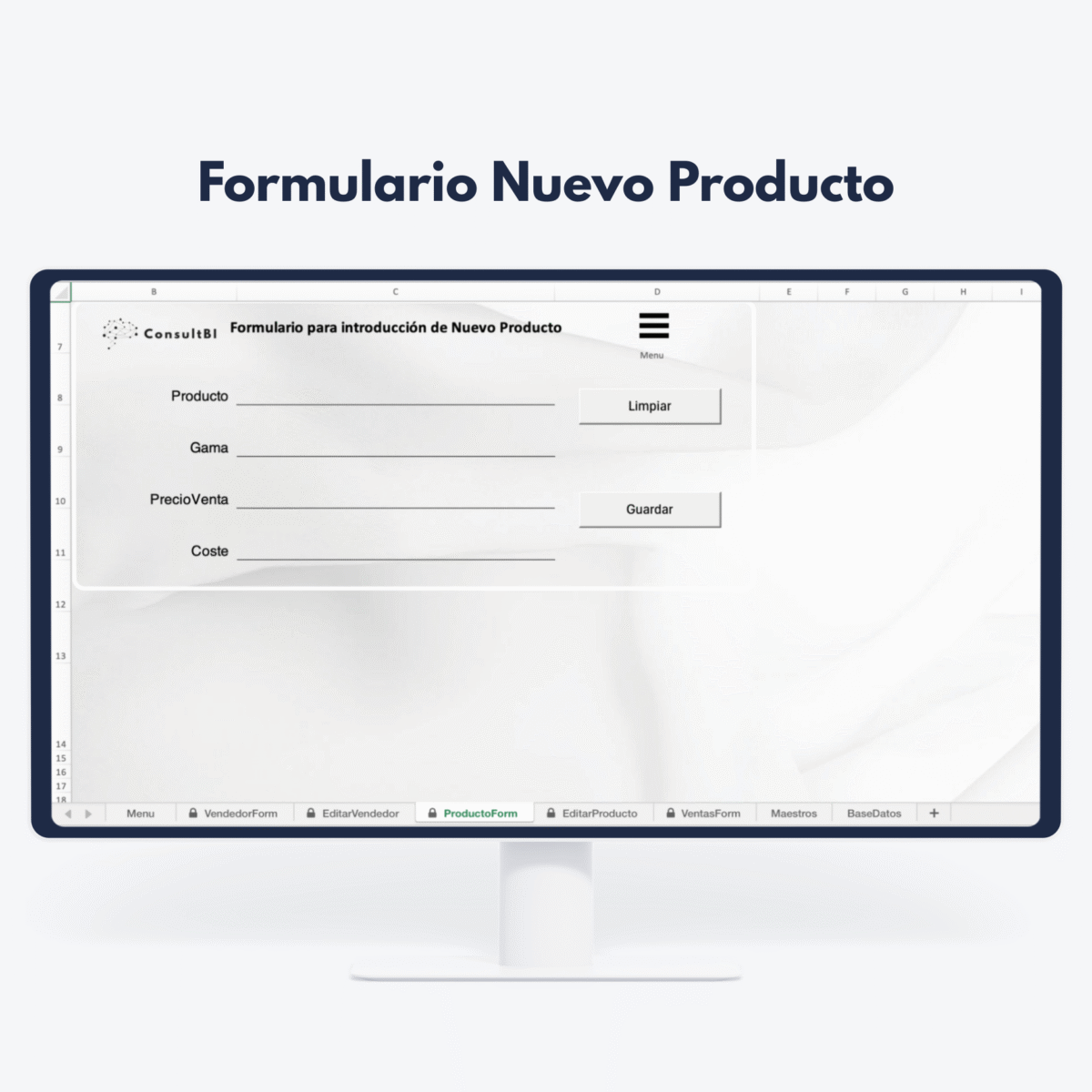Monitor mostrando formulario de gestión de productos - Visualización y análisis de datos comerciales en retail