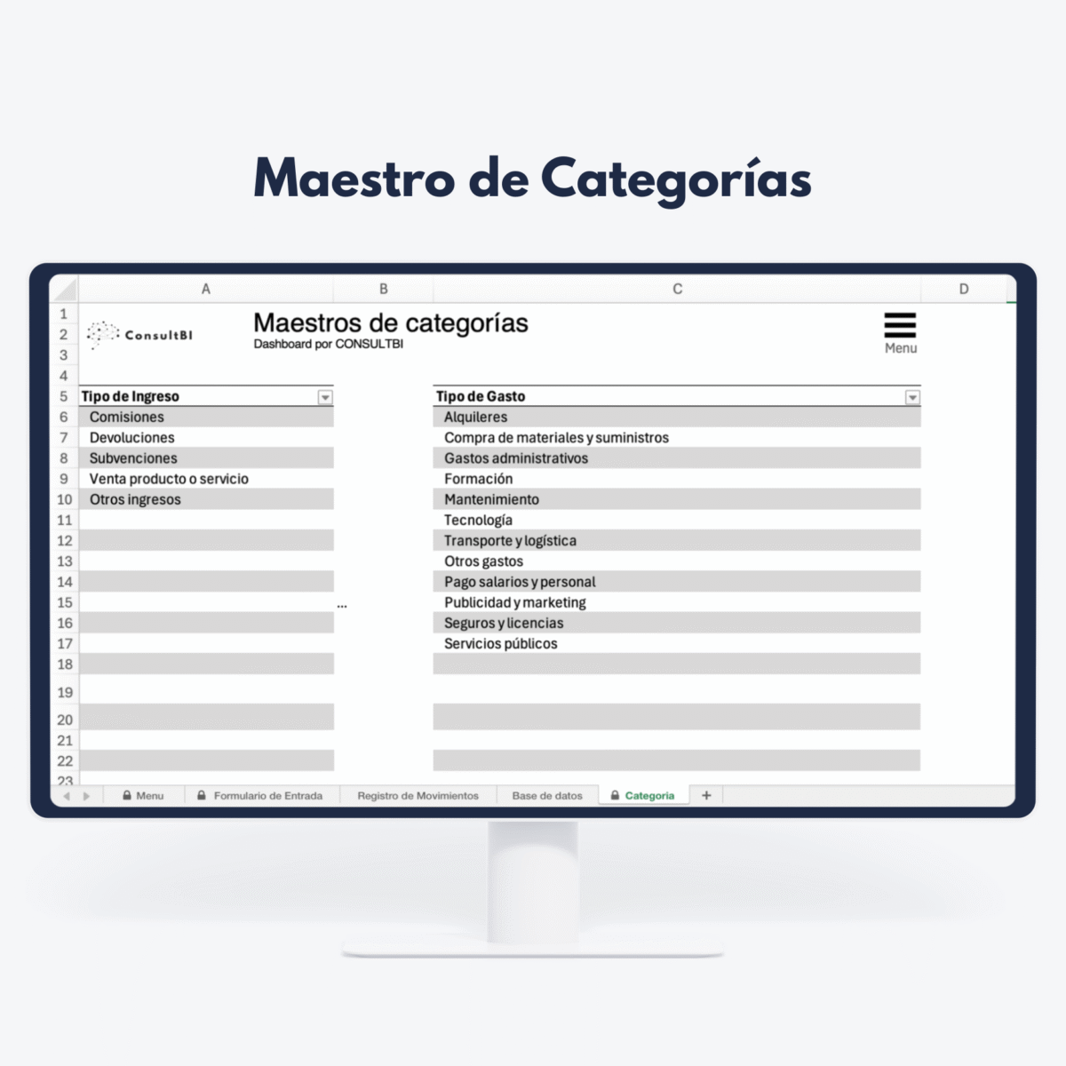 Pantalla mostrando dashboard financiero con categorías de ingresos y gastos - Análisis y control financiero empresarial