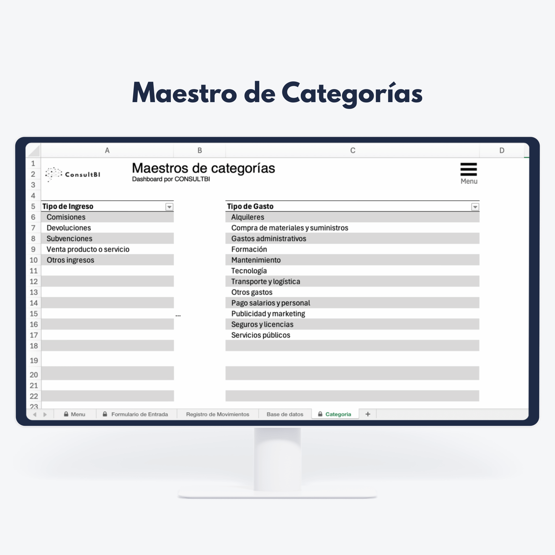 Pantalla mostrando dashboard financiero con categorías de ingresos y gastos - Análisis y control financiero empresarial