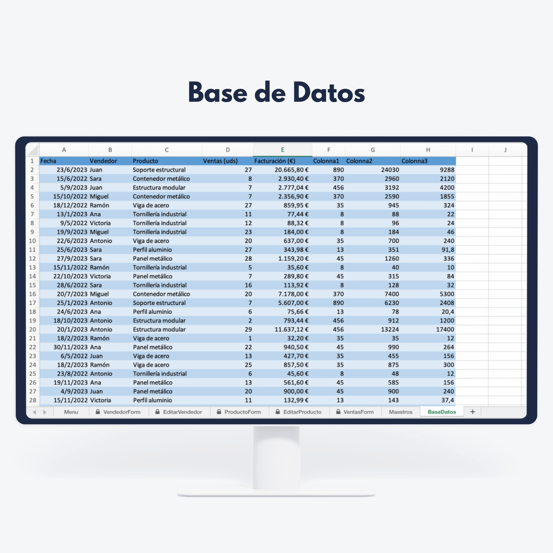 Pantalla con base de datos en formato tabla mostrando ventas y facturación - Análisis comercial y KPIs retail
