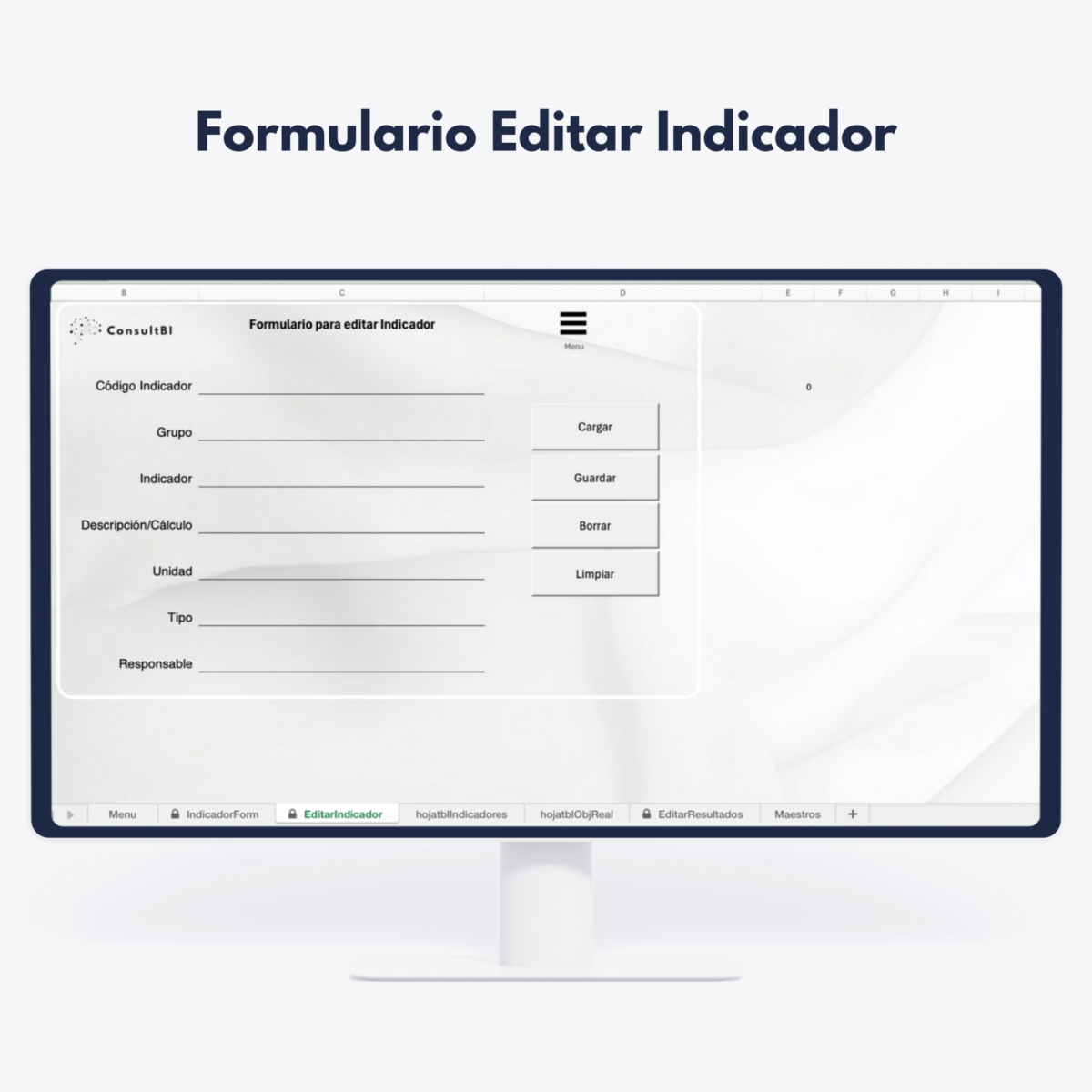 Pantalla de ordenador con formulario para editar indicadores en aplicación BI - Gestión y actualización de KPIs empresariales