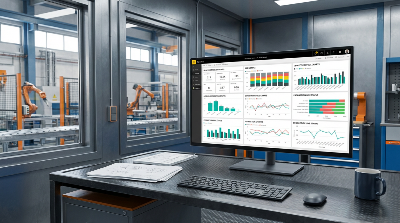 Monitor con dashboard de análisis industrial en sala de control - Reporting automatizado y control de calidad en producción
