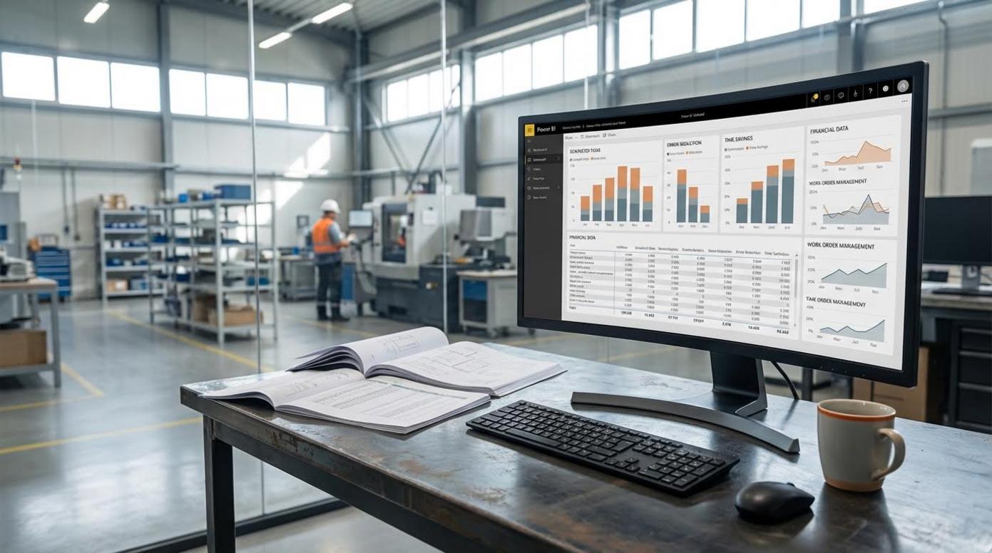 Monitor mostrando dashboard de datos en entorno industrial - Digitalización y automatización de partes y facturación