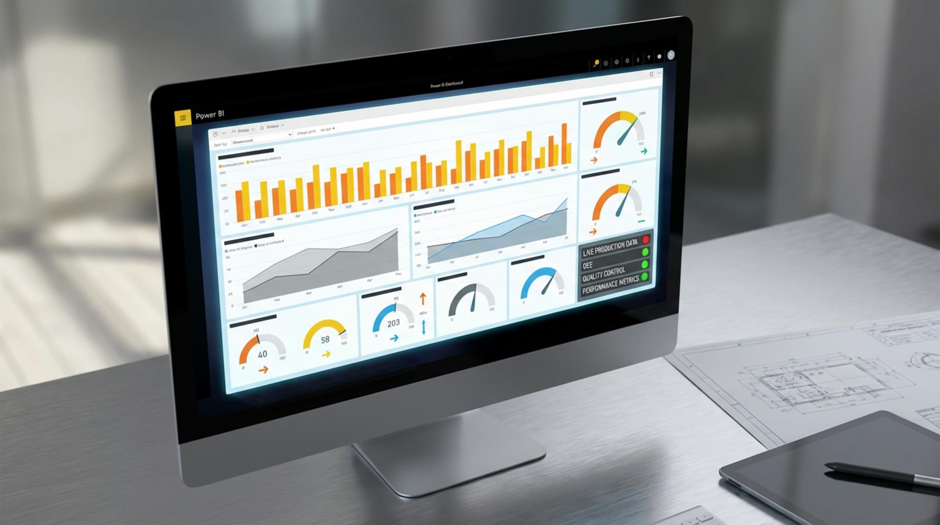 Monitor mostrando dashboard Power BI con métricas de producción y control de calidad - Optimización industrial