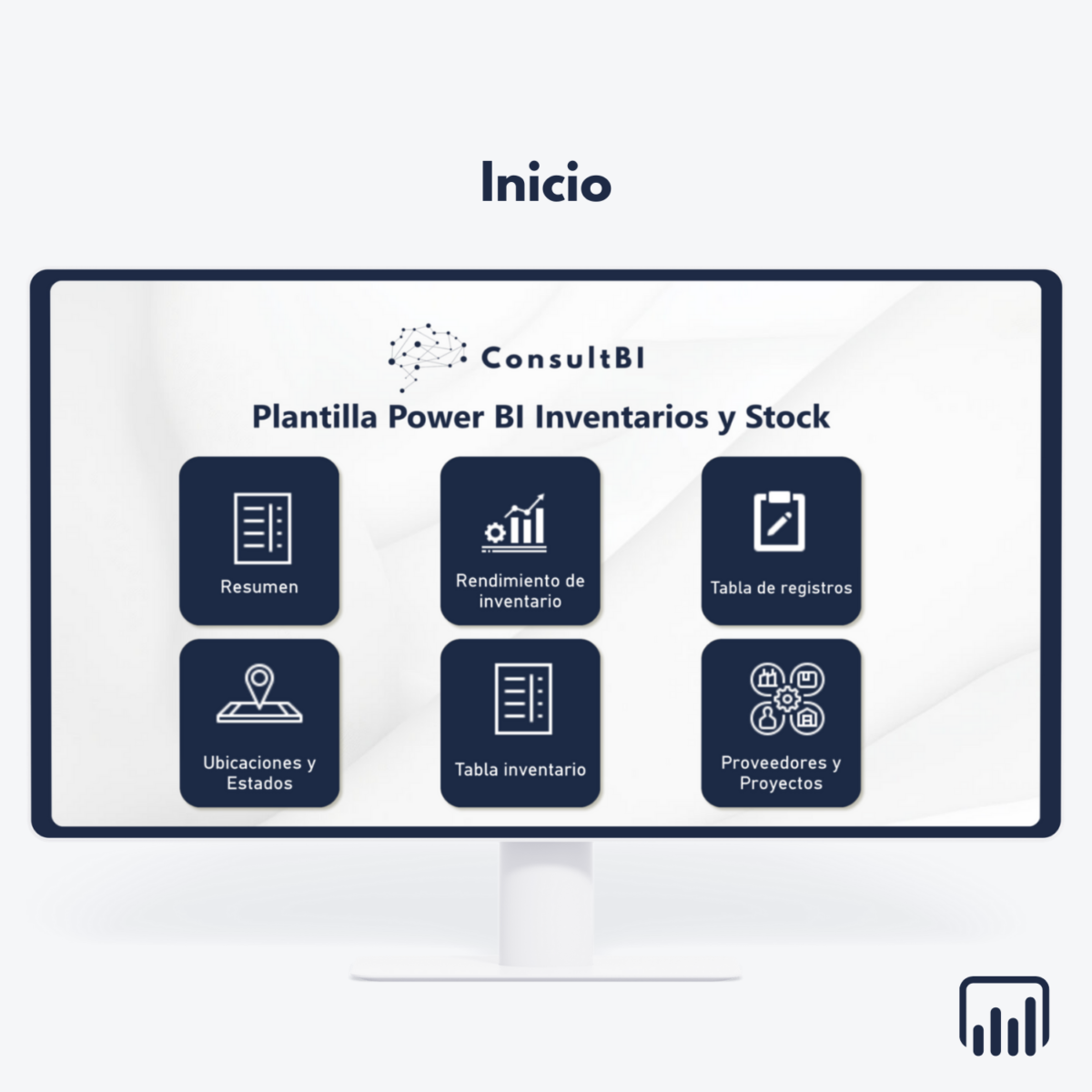 Pantalla de ordenador con dashboard Power BI de gestión de inventarios - Análisis y control de stock y proveedores