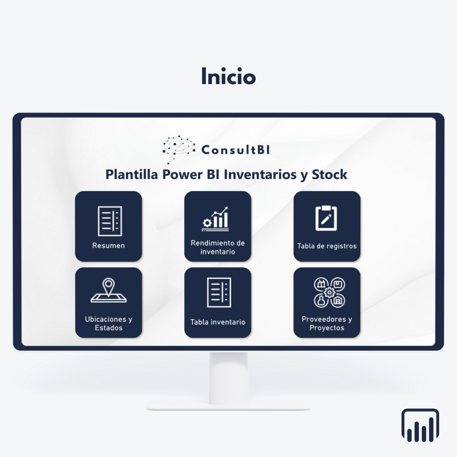 Pantalla de ordenador con dashboard Power BI de gestión de inventarios - Análisis y control de stock y proveedores