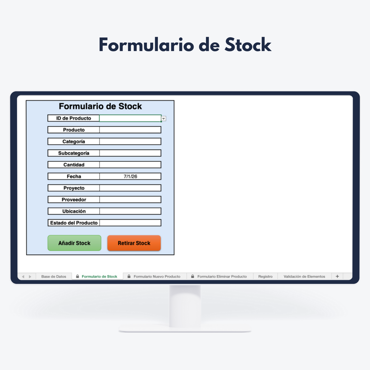 Pantalla de ordenador con formulario de stock para gestión de inventarios - Control y análisis de datos logísticos