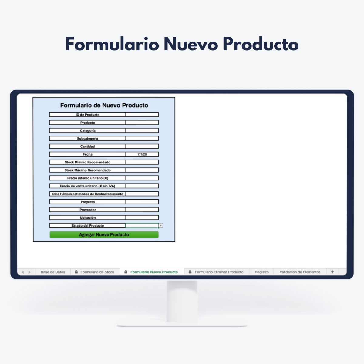 Pantalla de ordenador con formulario de nuevo producto para gestión de inventarios - Control y análisis de datos comerciales