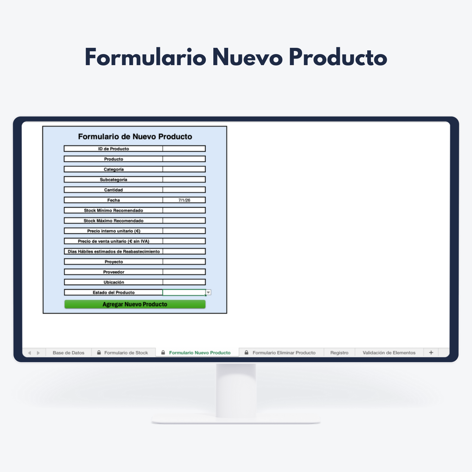 Pantalla de ordenador con formulario de nuevo producto para gestión de inventarios - Control y análisis de datos comerciales