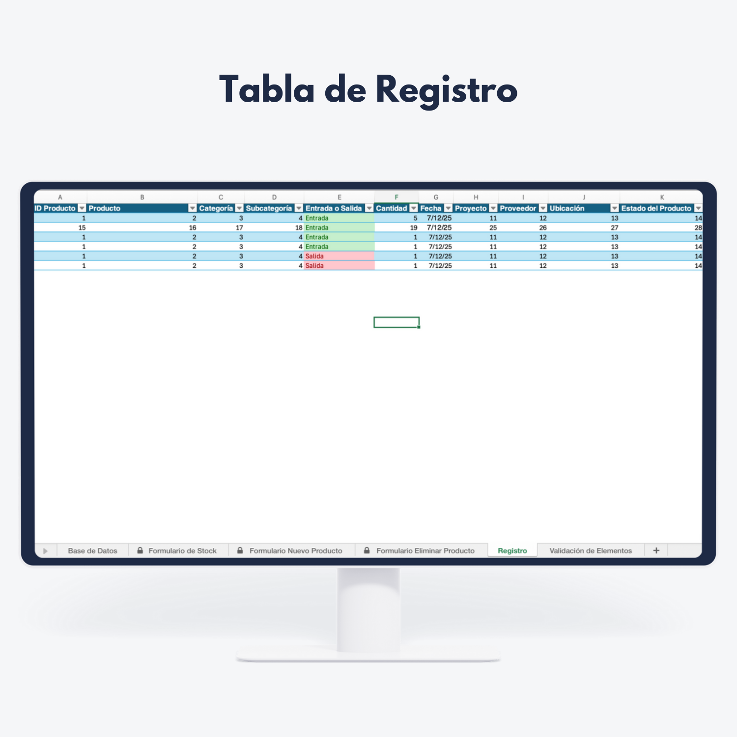 Pantalla de ordenador mostrando hoja de cálculo con registro de productos - Gestión de stock y control de inventarios