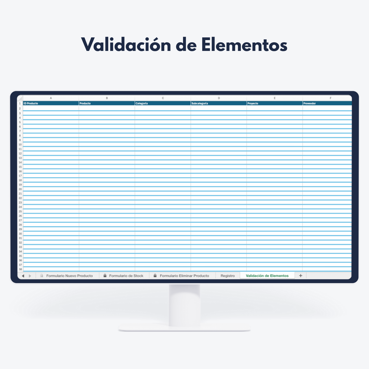 Pantalla de ordenador con hoja de cálculo para validación de productos - Gestión de datos y control de inventario