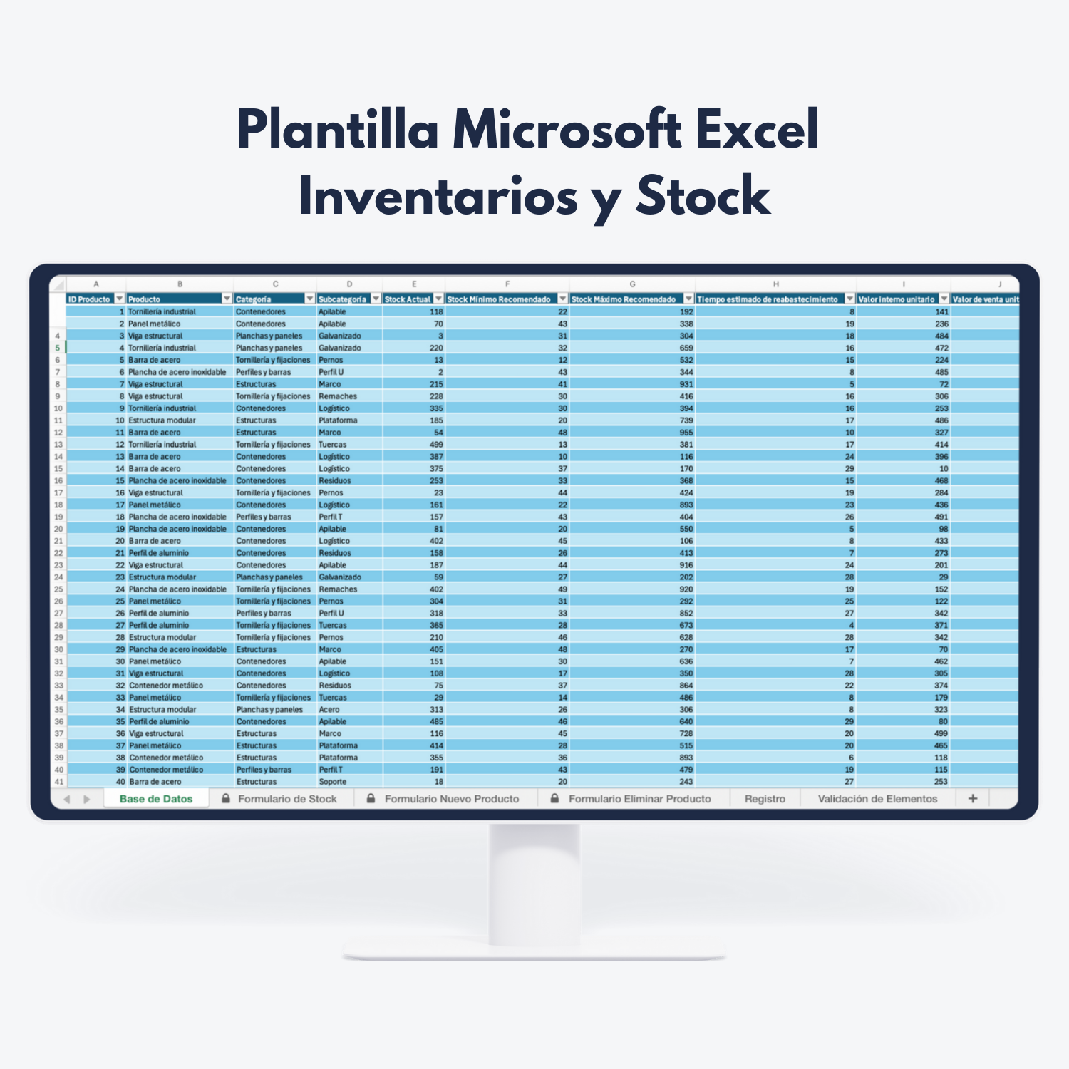 Pantalla mostrando plantilla Excel de inventarios y stock - Gestión y análisis de datos para control de almacén
