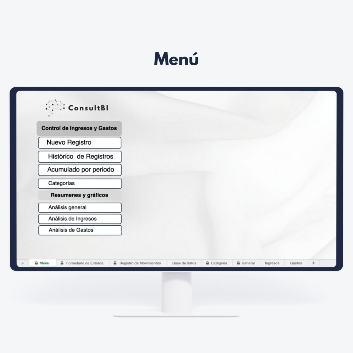 Pantalla con menú de control financiero y gráficos - Análisis de ingresos y gastos para reporting financiero