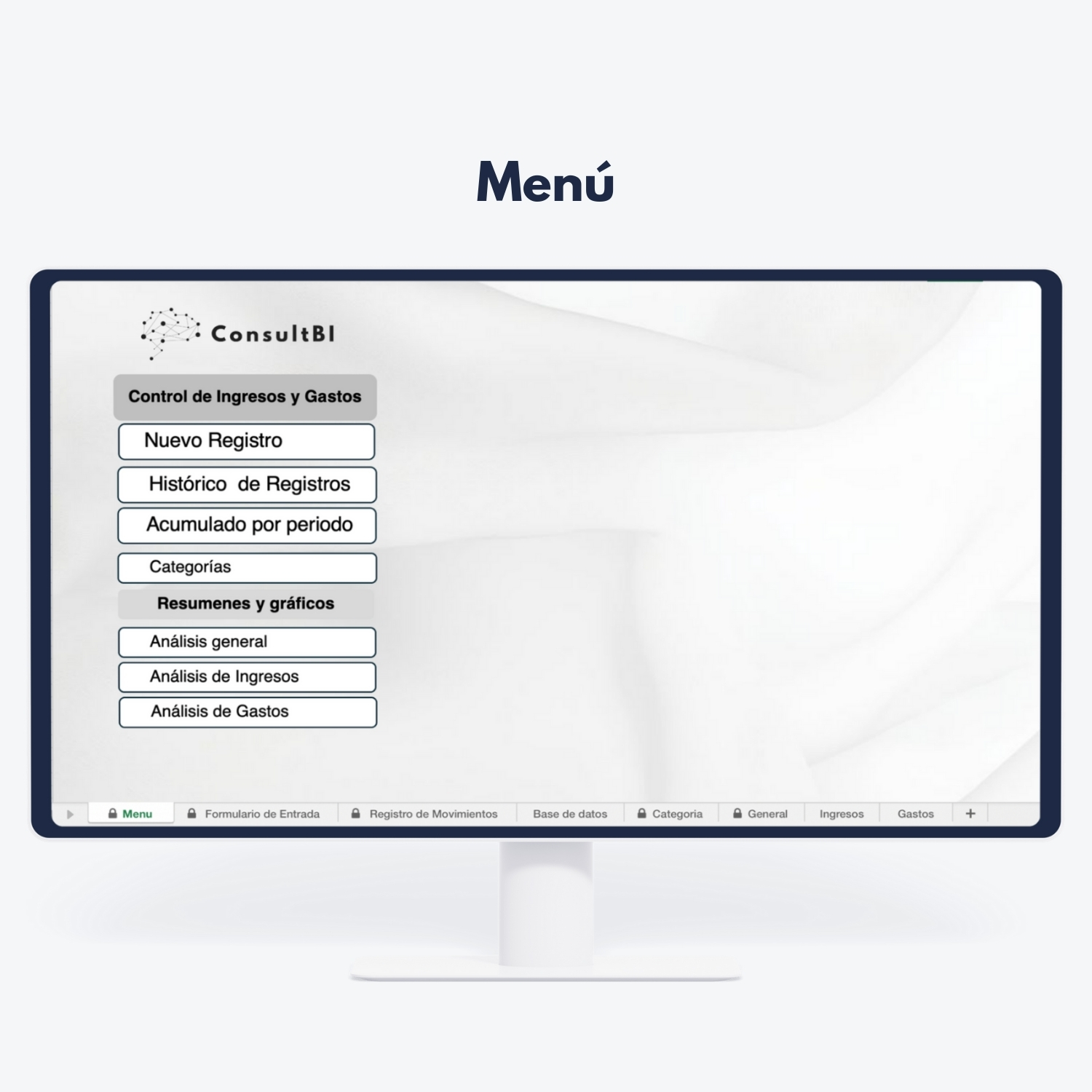 Pantalla con menú de control financiero y gráficos - Análisis de ingresos y gastos para reporting financiero