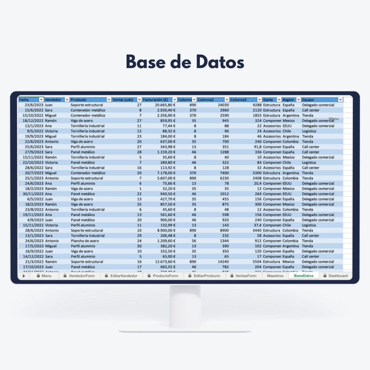 Pantalla de ordenador mostrando tabla de datos de ventas con columnas de facturación y vendedores - Análisis comercial y KPIs retail