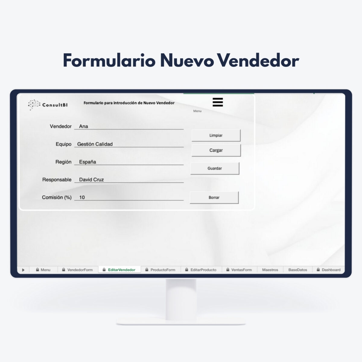 Pantalla con formulario digital de gestión comercial - Control y análisis de datos de vendedores y comisiones