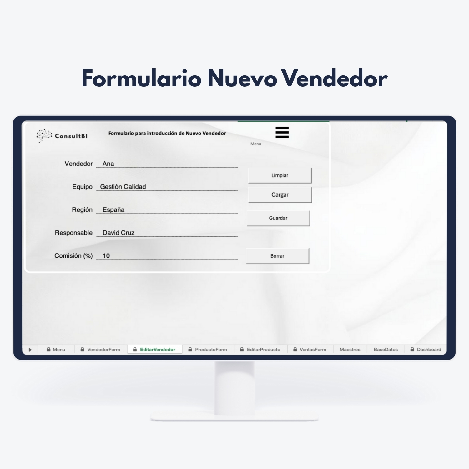 Pantalla con formulario digital de gestión comercial - Control y análisis de datos de vendedores y comisiones